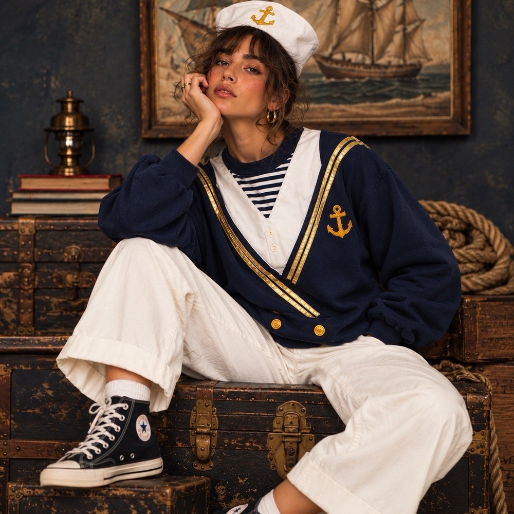 Vtg 1980s HALLOWEEN COSTUME XL Navy Blue Sailor Nautical Sweatshirt Crewneck